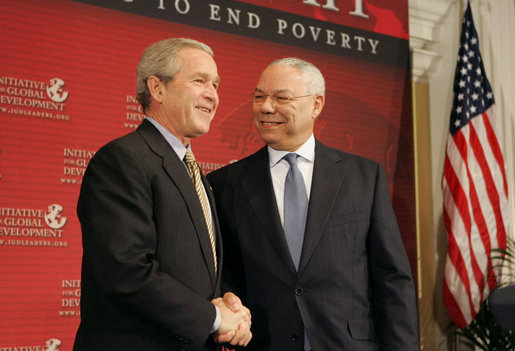 President George W. Bush is introduced by former Secretary of State Colin Powell at the Initiative for Global Development's 2006 National Summit in Washington, D.C., Thursday, June 15, 2006. "We have a moral duty to care for those who hurt here at home, and we have a moral duty to care for those as best as we can for those abroad, said the President. "That's part of the foreign policy of our country." White House photo by Kimberlee Hewitt