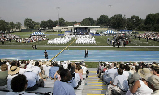 Families and friends attend the graduation ceremony at the United States Merchant Marine Academy at Kings Point, New York, Monday, June 19, 2006. “For more than six decades, the mission of this Academy has been to graduate highly skilled mariners to serve America's economic and national security needs,” said President Bush. “To train you for these responsibilities, this Academy sharpens your mind, it strengthens your body, and builds up your character.” White House photo by Kimberlee Hewitt