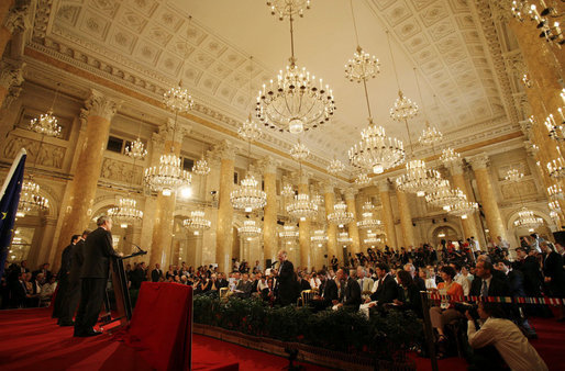 President George W. Bush listens as he receives a question from the media during a press availability Wednesday, June 21, 2006, during the U.S.-EU Summit in Vienna. White House photo by Eric Draper