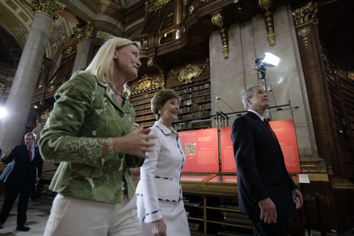 President George W. Bush and Laura Bush are led by Johanna Rachinger, Director General of the National Library in Vienna, after they arrived for a tour Wednesday, June 21, 2006, and a roundtable with foreign students. White House photo by Eric Draper