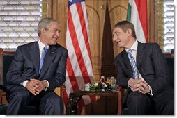 President George W. Bush meets with Hungarian Prime Minister Ferenc Gyurcsany at the Hungarian Parliament building in Budapest, Hungary, June 22, 2006.  White House photo by Eric Draper