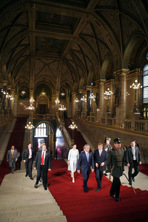 President George W. Bush and Hungarian Prime Minister Ferenc Gyurcsany walk through the Parliament building in Budapest, Hungary, June 22, 2006. White House photo by Paul Morse