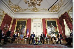 President George W. Bush meets with Hungarian President Laszlo Solyom at Sandor Palace in Budapest, Hungary, Thursday, June 22, 2006. Also pictured, from left, are: U.S. Ambassador George Walker; Secretary of State Condoleezza Rice; Hungarian Minister of Foreign Affairs Kinga Goncz; and Hungarian Ambassador Andras Simonyi. White House photo by Eric Draper