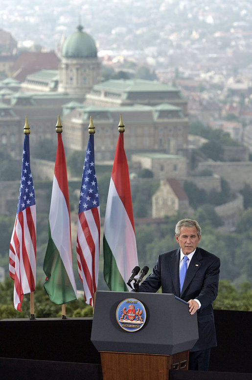 President George W. Bush speaks from Gellert Hill in Budapest, Hungary, Thursday, June 22, 2006. "Fifty years ago, you could watch history being written from this hill. In 1956, the Hungarian people suffered under a communist dictatorship and domination by a foreign power," said President Bush. "That fall, the Hungarian people had decided they had had enough and demanded change." White House photo by Paul Morse