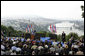 President George W. Bush speaks from Gellert Hill in Budapest, Hungary, Thursday, June 22, 2006. "From this spot you could see tens of thousands of students and workers and other Hungarians marching through the streets," said President Bush in his remarks about the 1956 Hungarian uprising. "They called for an end to dictatorship, to censorship, and to the secret police. They called for free elections, a free press, and the release of political prisoners. These Hungarian patriots tore down the statue of Josef Stalin, and defied an empire to proclaim their liberty." White House photo by Paul Morse