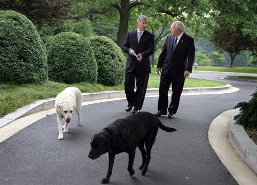 Vice President Dick Cheney is joined by his dogs Dave, left, and Jackson, right, during an interview with John King of CNN, Thursday, June 22, 2006, at the Vice President’s Residence at the Naval Observatory in Washington D.C. White House photo by David Bohrer