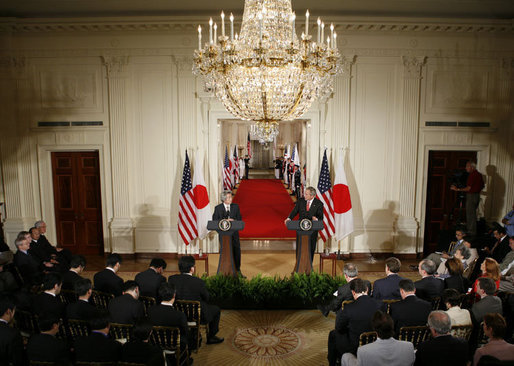 President George W. Bush and Japan’s Prime Minister Junichiro Koizumi are seen at their joint press availability Thursday, June 29, 2006, in the East Room of the White House. White House photo by Paul Morse