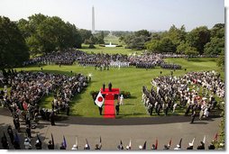 Prime Minister Junichiro Koizumi of Japan delivers his remarks during the arrival ceremony on the South Lawn Thursday, June 29, 2006. "I believe it is no exaggeration to say that over the past five years, there has been no world leader, alongside Mr. Bush -- President Bush, among the world leaders with whom I have felt so much heart-to-heart, felt so deep a friendship and trust and have cooperated with," said the Prime Minister in his remarks. White House photo by Paul Morse