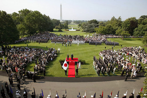 Prime Minister Junichiro Koizumi of Japan delivers his remarks during the arrival ceremony on the South Lawn Thursday, June 29, 2006. "I believe it is no exaggeration to say that over the past five years, there has been no world leader, alongside Mr. Bush -- President Bush, among the world leaders with whom I have felt so much heart-to-heart, felt so deep a friendship and trust and have cooperated with," said the Prime Minister in his remarks. White House photo by Paul Morse