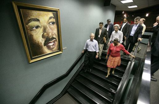 President George W. Bush and Prime Minister Junichiro Koizumi of Japan are joined by Gwen Harmon, marketing director of the National Civil Rights Museum, during their visit Friday, June 30, 2006, in Memphis. The stop at the museum, located next to the Lorraine Motel, site of the 1968 assassination of Dr. Martin Luther King Jr., came after the two visited Graceland. White House photo by Eric Draper