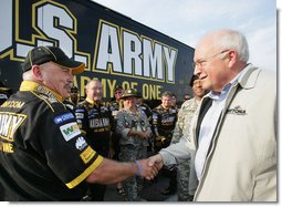 Vice President Dick Cheney meets members of the U.S. ARMY NASCAR racing team Saturday, July 1, 2006, while attending the 2006 Pepsi 400 NASCAR race at Daytona International Speedway in Daytona, Fla. White House photo by David Bohrer