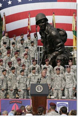 President George W. Bush addresses his remarks to U.S. troops and their family members Tuesday, July 4, 2006, during an Independence Day celebration at Fort Bragg in North Carolina. President Bush thanked the troops and their families for their service to the nation. White House photo by Paul Morse