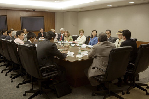 Mrs. Laura Bush, participates in the U.S. Afghan Women's Council meeting at the State Department, Wednesday, July 5, 2006, in Washington, D.C. The Council meets twice a year, alternating between Kabul and Washington, to discuss programs for assisting Afghan women in gaining skills and education that they were denied under years of Taliban rule. White House photo by Shealah Craighead