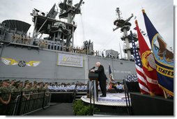 Vice President Dick Cheney delivers remarks to sailors and Marines, Friday, July 7, 2006, aboard the Amphibious Assault ship USS Wasp docked at the Norfolk Naval Station in Norfolk, Va. "All around us today are the signs of American sea power- a fleet like none that has ever sailed before, a Navy and Marine Corps that uphold noble traditions, and a flag that stands for freedom, for human rights, and for stability in a turbulent world," said Vice President Cheney. White House photo by David Bohrer