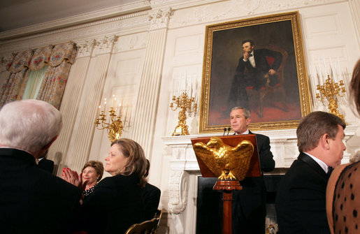 President George W. Bush addresses guests at a dinner honoring the Special Olympics in the State Dining Room Monday, July 10, 2006. "We're here to celebrate the Special Olympics, and to honor a woman who made them possible -- Eunice Kennedy Shriver," said President Bush. White House photo by Shealah Craighead