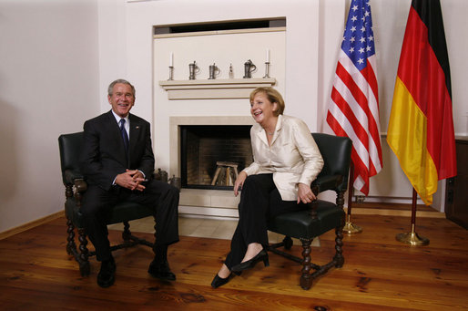 President George W. Bush meets one-on-one with German Chancellor Angela Merkel in Stralsund, Germany, Thursday, July 13, 2006. White House photo by Eric Draper