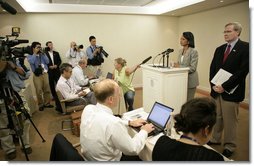 U.S.Secretary of State Condoleezza Rice is joined by National Security Advisor Stephen Hadley during a news conference Thursday evening, July 13,2006, in Heiligendamm, Germany, speaking on events in the Middle East and the upcoming G8 Summit in Russia.  White House photo by Eric Draper