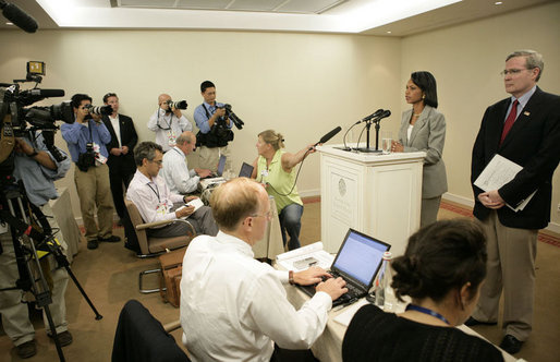 U.S.Secretary of State Condoleezza Rice is joined by National Security Advisor Stephen Hadley during a news conference Thursday evening, July 13,2006, in Heiligendamm, Germany, speaking on events in the Middle East and the upcoming G8 Summit in Russia. White House photo by Eric Draper