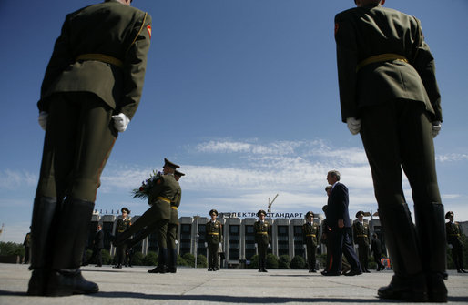 President George W. Bush and Laura Bush walk to the Monument to the Heroic Defenders of Leningrad Friday, July 14, 2006, in St. Petersburg, Russia, site of the G8 Summit. White House photo by Paul Morse