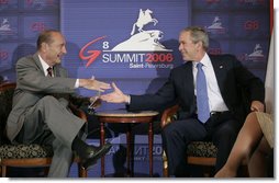 President George W. Bush meets with President Jacques Chirac of France in a bilateral meeting during the G8 Summit in Strelna, Russia, Sunday, July 16, 2006. "Now, I entirely agree with the American President in what he said about supporting the U.N. mission, which is designed, among other things, to ensure the release of the Israeli soldiers being detained right now both by Hezbollah and by Hamas, and put an end to the firing of Kassam rockets," said President Chirac to the press. White House photo by Eric Draper