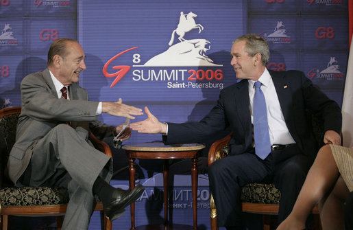 President George W. Bush meets with President Jacques Chirac of France in a bilateral meeting during the G8 Summit in Strelna, Russia, Sunday, July 16, 2006. "Now, I entirely agree with the American President in what he said about supporting the U.N. mission, which is designed, among other things, to ensure the release of the Israeli soldiers being detained right now both by Hezbollah and by Hamas, and put an end to the firing of Kassam rockets," said President Chirac to the press. White House photo by Eric Draper