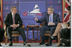 President George W. Bush and Prime Minister Tony Blair of the United Kingdom meet one-on-one during the G8 Summit in Strelna, Russia, Sunday, July 16, 2006. "We just had a wide-ranging discussion: we talked about the Middle East, we talked about Iraq, we talked about Iran," said President Bush to the press. "I was pleased to inform and thank Tony for the good work in the United Nations on a unanimous resolution regarding North Korea." White House photo by Eric Draper