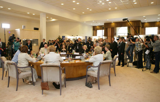 The press covers a meeting of the spouses of the G8 leaders during the G8 Summit at Konstantinvosky Palace in Strelna, Russia, Sunday, July 16, 2006. White House photo by Shealah Craighead