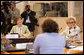 Mrs. Laura Bush and Bernadette Chirac, wife of French President Jacques Chirac participate in a meeting with other spouses of G8 leaders during the G8 Summit at Konstantinvosky Palace in Strelna, Russia, Sunday, July 16, 2006. White House photo by Shealah Craighead