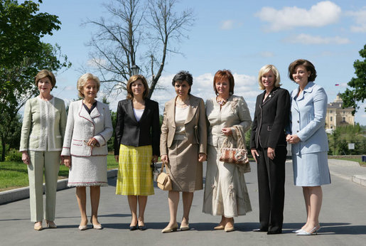 Spouses of G8 leaders pose for a photograph at Konstantinvosky Palace in Strelna, Russia, Sunday, July 16, 2006. From left, they are: Laura Bush; Bernadette Chirac, wife of French President Jacques Chirac; Sousa Uva Barroso, wife of European Commission President Jose Manuel Barroso; Flavia Franzoni, wife of Italian Prime Minister Romano Prodi, Lyudmila Putina, wife of Russian President Vladimir Putin; Laureen Harper, wife of Canadian Prime Minister Stephen Harper; and Cherie Booth, wife of United Kingdom Prime Minister Tony Blair. White House photo by Shealah Craighead