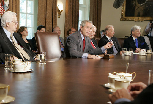 President George W. Bush meets bipartisan members of Congress Tuesday, July 18. 2006, in the Cabinet Room at the White House speaking about his recent trip to the G8 Summit in Russia. White House photo by Kimberlee Hewitt