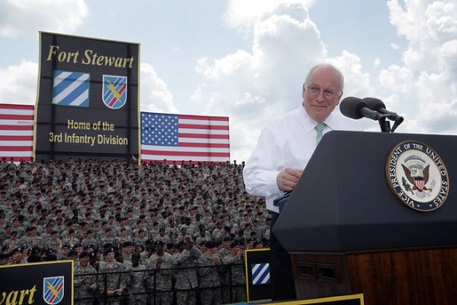 Vice President Dick Cheney delivers remarks, Friday, July 21, 2006, during a visit to Fort Stewart, Ga., home of the Army’s 3rd Infantry Division. The 3rd Infantry Division just returned from their second deployment to Iraq, where they helped lead the 2003 invasion and supported the Iraqis during the 2005 votes for the Iraqi Constitution and permanent government. White House photo by David Bohrer