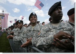 Soldiers applaud Vice President Dick Cheney as he delivers his remarks at a rally at Fort Stewart, Ga., Friday, July 21, 2006. During his address the Vice President recognized the Georgia National Guard’s 48th Brigade Combat Team who returned to Fort Stewart in May after serving one year in Iraq. While based in Baghdad the 48th Brigade Combat Team trained the Iraqi Security Force’s 4th Army Brigade.  White House photo by David Bohrer