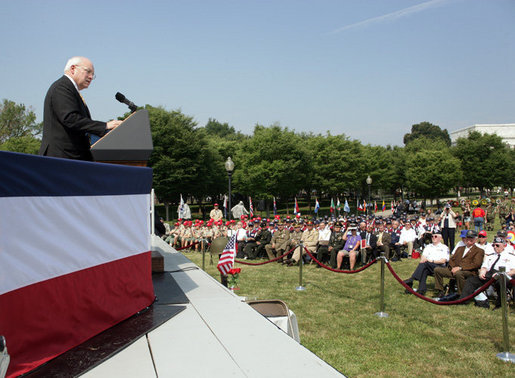 Vice President Dick Cheney delivers remarks, Thursday, July 27, 2006, at the 2006 Korean War Veterans Armistice Day Ceremony held at the Korean War Memorial on the National Mall in Washington, D.C. “On this anniversary, gathered at this place of remembrance and reflection, our thoughts turn to a generation of Americans who lived and breathed the ideals of courage and honor, service and sacrifice,” the Vice President said. “Our Korean War veterans heard the call of duty, stepped in to halt the advance of totalitarian ideology, and fought relentlessly and nobly in a brutal war. With us this morning are some of the very men and women who served under Harry Truman and Dwight Eisenhower, and went into battle under the command of Douglas MacArthur, Matthew Ridgway, and Raymond Davis.” White House photo by David Bohrer