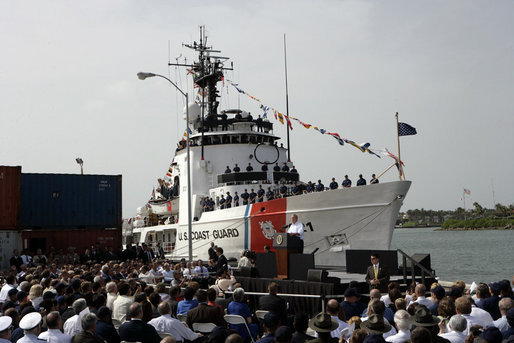 President George W. Bush discusses America's economy at the U.S. Coast Guard Integrated Support Command at the Port of Miami Monday, July 31, 2006. "It's an honor to be here at the largest container port in Florida and one of the most important ports in our nation," said President Bush. "From these docks, ships loaded with cargo deliver products all around the world carrying that label "Made in the USA."' White House photo by Kimberlee Hewitt