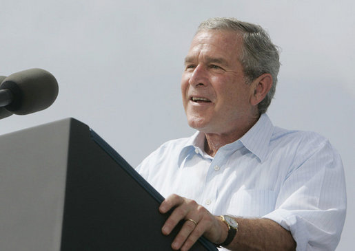 President George W. Bush discusses America's economy at the U.S. Coast Guard Integrated Support Command at the Port of Miami Monday, July 31, 2006. "It's an honor to be here at the largest container port in Florida and one of the most important ports in our nation," said President Bush. White House photo by Kimberlee Hewitt