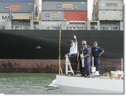 President George W. Bush tours the Port of Miami Monday, July 31, 2006, following his speech on America's economy at the U.S. Coast Guard Integrated Support Command facility in Miami. White House photo by Kimberlee Hewitt