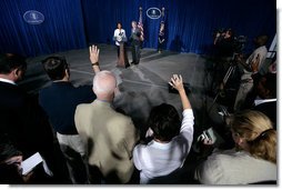 President George W. Bush and Secretary of State Condoleezza Rice take questions during a news conference Monday, Aug. 7, 2006, in Crawford, Texas. White House photo by Eric Draper