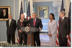 President George W. Bush addresses the media from the U.S. State Department after a series of meetings today discussing America's foreign policy Monday, August, 14, 2006. "Friday's U.N. Security Council resolution on Lebanon is an important step forward that will help bring an end to the violence," said the President. "The resolution calls for a robust international force to deploy to the southern part of the country to help Lebanon's legitimate armed forces restore the sovereignty of its democratic government over all Lebanese territory." White House photo by Eric Draper