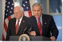 President George W. Bush addresses the media at the U.S. State Department after a series of meetings today discussing America's foreign policy Monday, August, 14, 2006. "America recognizes that civilians in Lebanon and Israel have suffered from the current violence, and we recognize that responsibility for this suffering lies with Hezbollah. It was an unprovoked attack by Hezbollah on Israel that started this conflict," said President Bush. "Hezbollah terrorists targeted Israeli civilians with daily rocket attacks. Hezbollah terrorists used Lebanese civilians as human shields, sacrificing the innocent in an effort to protect themselves from Israeli response."  White House photo by Eric Draper