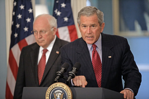 President George W. Bush addresses the media at the U.S. State Department after a series of meetings today discussing America's foreign policy Monday, August, 14, 2006. "America recognizes that civilians in Lebanon and Israel have suffered from the current violence, and we recognize that responsibility for this suffering lies with Hezbollah. It was an unprovoked attack by Hezbollah on Israel that started this conflict," said President Bush. "Hezbollah terrorists targeted Israeli civilians with daily rocket attacks. Hezbollah terrorists used Lebanese civilians as human shields, sacrificing the innocent in an effort to protect themselves from Israeli response." White House photo by Eric Draper