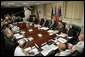 President George W. Bush talks with the press during a meeting with Vice President Dick Cheney, Defense Secretary Donald Rumsfeld and the Defense Policy and Programs Team at the Pentagon Monday, Aug. 14, 2006.  White House photo by Eric Draper