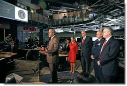 President George W. Bush addresses the media at the National Counterterrorism Center in McLean, Va., Aug. 15, 2006. Standing with President Bush are, from left: White House Homeland Security Advisor Frances Townsend; Director of National Intelligence John Negroponte; CIA Director Michael Hayden; and Director of the National Counterterrorism Center Vice Admiral John Scott Redd.  White House photo by Paul Morse