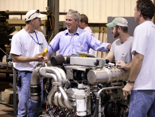 President George W. Bush visits workers at the United States Marine, Inc. boat manufacturing facility in Gulfport, Miss., Monday, Aug. 28, 2006, as part of the President’s two-day tour of the Gulf Coast region to assess the progress of the area’s recovery and rebuilding efforts following the devastation of Hurricane Katrina in 2005. White House photo by Eric Draper