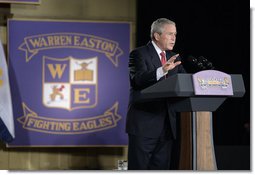 President George W. Bush addresses students, faculty and guests Tuesday, Aug. 29, 2006, at Warren Easton Senior High School in New Orleans on the importance of rebuilding schools and school libraries in hurricane ravaged communities, as the Gulf Coast region marked the one- year anniversary of Hurricane Katrina.  White House photo by Eric Draper