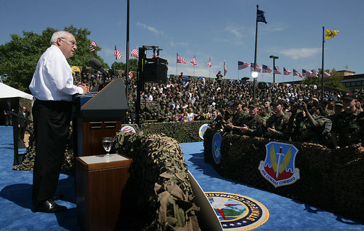 Vice President Dick Cheney addresses over 8,000 military and civilian personnel and their families, Tuesday, August 29, 2006, at Offutt Air Force Base in Omaha, Neb. "Every day you go on duty, you make this nation safer, and you show the world that the people who wear this country's uniform are men and women of skill, and perseverance, and honor," the Vice President said. "Standing here today, in the great American heartland, I want to thank each and every one of you for the vital work you do, and for your example of service and character." White House photo by David Bohrer