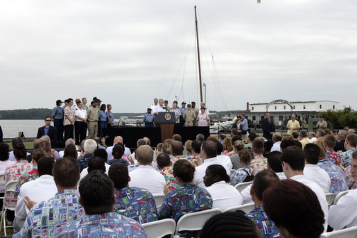 President George W. Bush delivers a Labor Day speech at the Paul Hall Center for Maritime Training and Education in Piney Point, Md., Monday September 4, 2006. White House photo by Kimberlee Hewitt