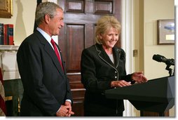 President George W. Bush's nominee for Secretary of Transportation Mary Peters addresses the media during the announcement in the Roosevelt Room Tuesday, Sept. 5, 2006.  White House photo by Shealah Craighead