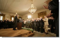 President George W. Bush receives a standing ovation in the East Room of the White House Wednesday, Sept. 6, 2006, during his remarks on the global war on terror. Said the President, "Like the struggles of the last century, today's war on terror is, above all, a struggle for freedom and liberty." White House photo by Eric Draper