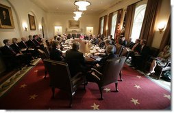 President George W. Bush meets with members of his Cabinet and staff Wednesday, Sept. 6, 2006, in the Cabinet Room at the White House, prior to the President's address to discuss the creation of military commissions to try suspected terrorists.  White House photo by Eric Draper