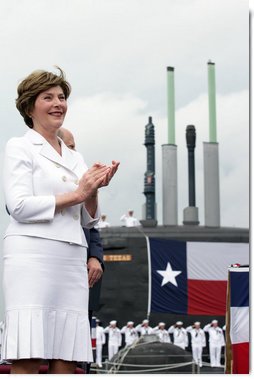 Mrs. Laura Bush, ship sponsor of the USS Texas, applauds at the conclusion of the Commissioning Ceremony Saturday, September 9, 2006, in Galveston, Texas. White House photo by Shealah Craighead